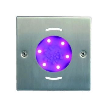 Прожектор FLUVO luchs® NT2 RGB (цветной, нержавеющая сталь - матовый, рамка квадратная 180х180 мм, для бетонных бассейнов с отделкой плитка/мозаика и бассейнов из нержавеющей стали)