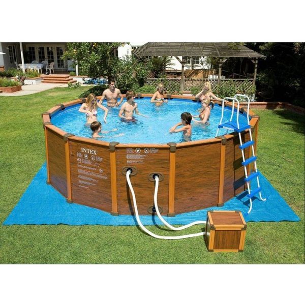 Круглый бассейн Intex SEQUOIA SPIRIT с отделкой под дерево 478х124см (песочный насос-фильтр, лестница, настил)