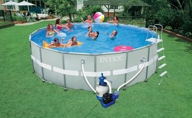 Круглый бассейн Intex 549х132см (система очистки воды + песочный фильтр 220В, лестница, настил, тент, сачок, скиммер, волейбольная сетка)