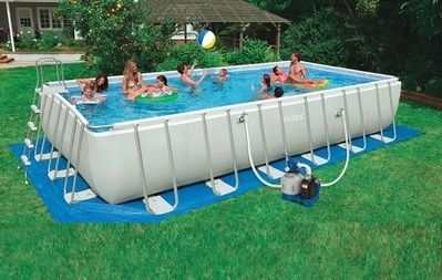 Прямоугольный бассейн Intex 975х488х132см (система очистки воды+песочный фильтр 220В, лестница, настил, тент, сачок, скиммер, волейбольная сетка)
