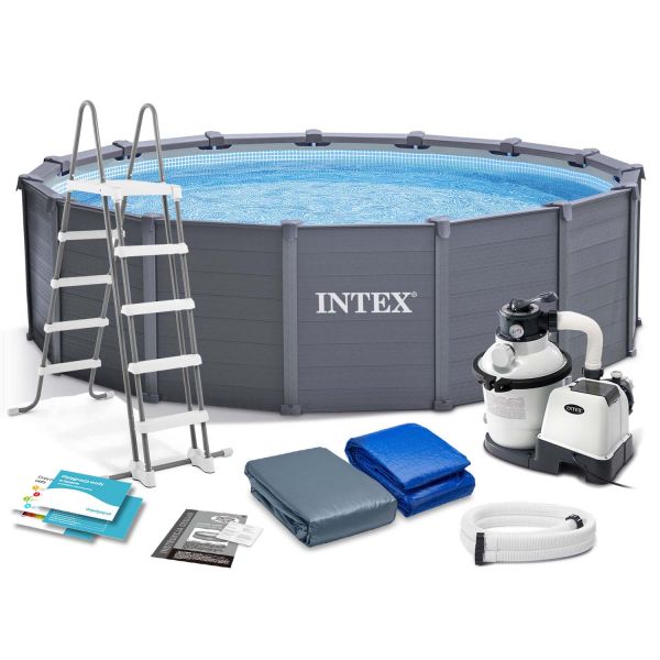 Бассейн на опорах Intex 478х124 см (песочный фильтр-насос 4,5 м3/ч, лестница, подстилка, тент), от 6-ти лет